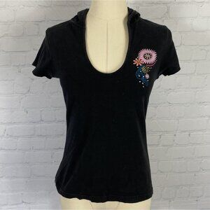 ⭐ 3/$15 Seaworld Black Hooded Rhinestone Flower Graphic Top S